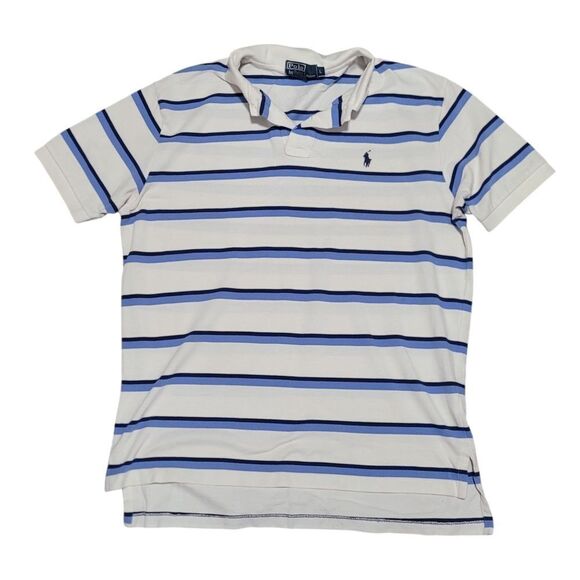 Mens Blue & Cream Stripe Polo Shirt - Picture 1 of 5
